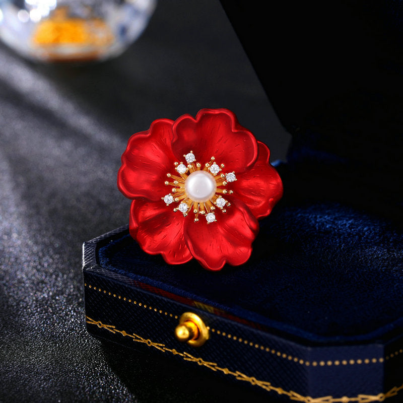 Red Flower Brooch (Pearl centre)