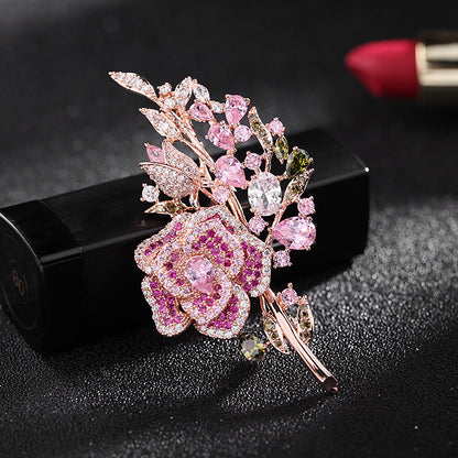Pink rose flower brooch with purple zircon stones
